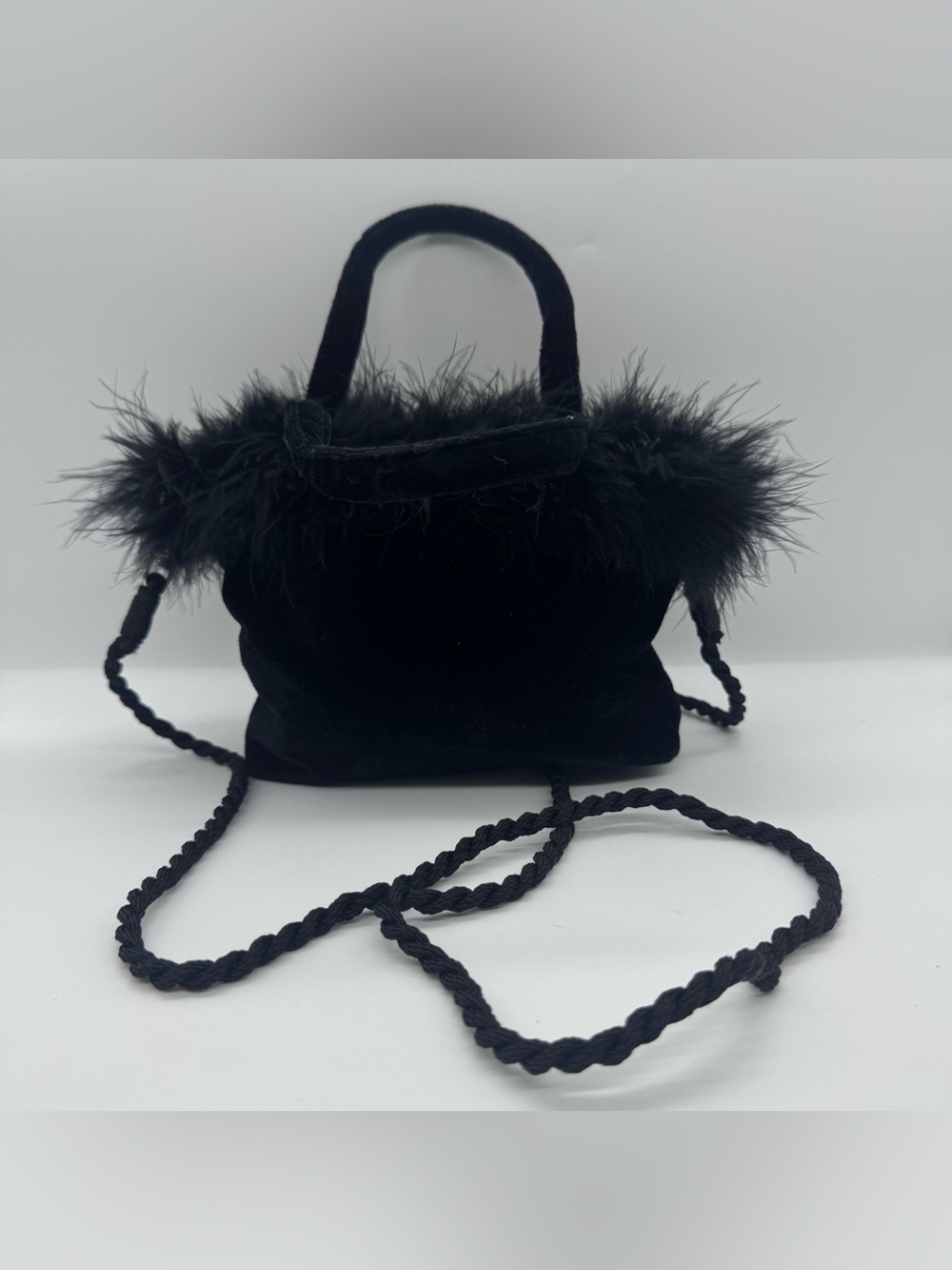 Black Faux-Fur Trim Mini Velvet Crossbody Bag
